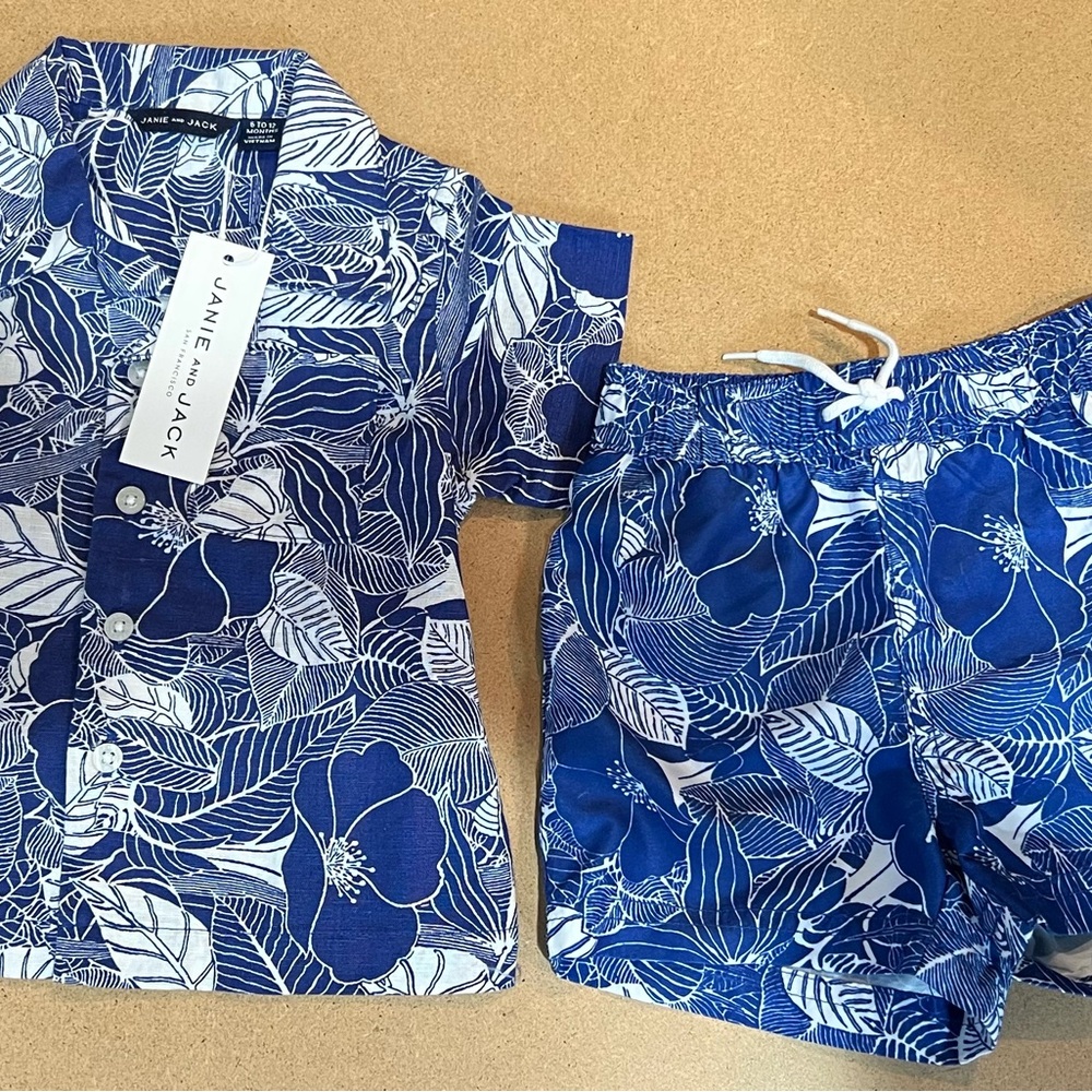 Janie and Jack Navy and White Floral Baby Set